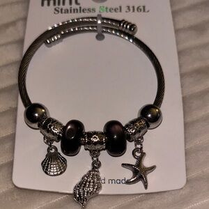 Mint Silver Tone Cable Charm Bangle with Dark Brown Glass Beads